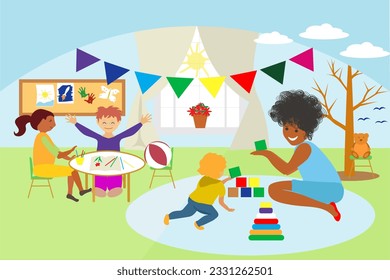 First day at kindergarten. Characters having fun at kindergarten. Educator and children in the playroom.