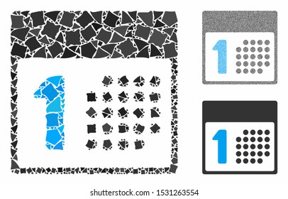 First day mosaic of joggly items in different sizes and color tinges, based on first day icon. Vector joggly items are grouped into collage. First day icons collage with dotted pattern.