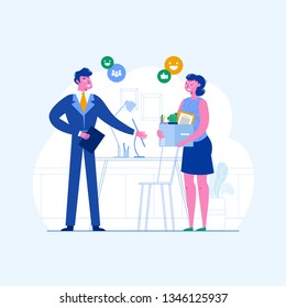 The First Day At The New Job. The Woman Employee Comes In The Office With A Box Of Things. Vector Illustration Of The First Working Day. Simple Concept With Working Situation.