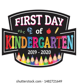 First day of preschool label or sticker on white background, vector illustration