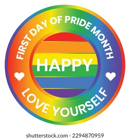 Erster Tag des Pride Month in den USA-Badge, LGBTQ Pride Quotes Rubber, Stempel, Siegel, Sticker, Logo, T-Shirt-Design, Emblem, Banner, Poster, 1. Juni-Tag Design, lgbtq Liebe Vektorgrafik.