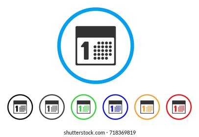 First Day rounded icon. Style is a flat first day gray symbol inside light blue circle with black, gray, green, blue, red, orange color versions. Vector designed for web and software interfaces.