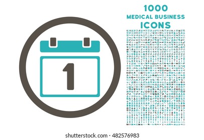 First Day rounded vector bicolor icon with 1000 medical business icons. Set style is flat pictograms, grey and cyan colors, white background.