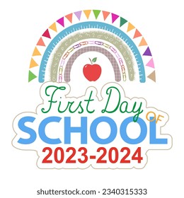 First Day of School 2023-2024 banner, card, poster, announcement, invitation. Back to school concept. Cute cartoon rainbow, text and red apple on white, vector.