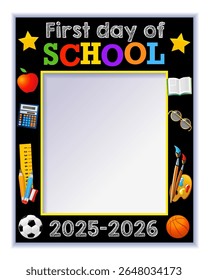 Primeiro dia da escola 2025-2026, projeto de moldura da cabine de fotos. De volta à escola 2025 modelo criativo para álbum de fotos. Ilustração vetorial