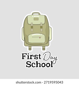 First Day School backpack icon. Cute vector sticker with beige backpack and black text, perfect for back-to-school photos, student milestones, or education event graphics
