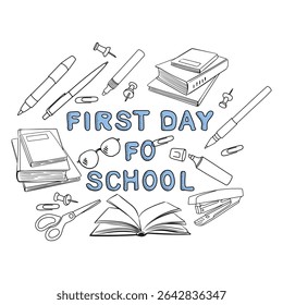 First day of school banner in doodle style. Lettering with black outline, hand drawn books, glasses, pencil and pen. Stylish design for children's online courses and classes.