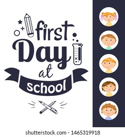 First day at school black-and-white text, round stickers of girl and boy. Laboratory tube with liquid and crossed pen and pencil, education cover vector. Back to school concept