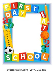 First day at school booth design, Back to school photo frame. First day at school 2024-2025 creative vector text with colored cubes, pencil, sport balls, ruler and sharpener