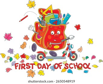 Primeiro dia de escola, cartunista alegremente montando uma scooter pequena para a escola através de folhas de outono caídas coloridas, ilustração de desenhos animados vetoriais isolados em um fundo branco