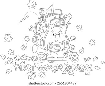 Primeiro dia de escola, cartunista alegremente montando uma scooter pequena para a escola através de folhas de outono caídas, ilustração vetor preto e branco para um livro de colorir