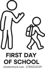 First day of school child with backpack thin line outline vector icon representing education learning and childhood