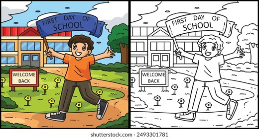 First Day of School Child with Banner Illustration