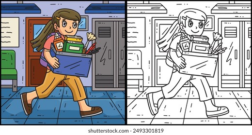 First Day of School Child with a Box Illustration