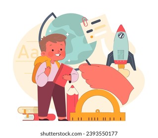 First Day of School concept. A cheerful boy, backpack in tow, stands eager amidst a globe, rocket, and classroom essentials. Beginning an educational adventure. Flat vector illustration.