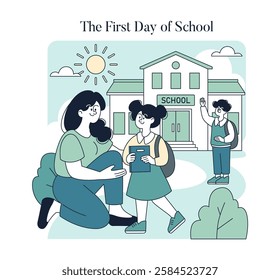 First Day of School concept. A mother comforting her daughter with school building and another student in the background. New academic year beginnings. Vector illustration.