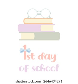 Primer día de escuela estilo coqueta con libros al pastel, gafas, y arco, Vector estético suave
