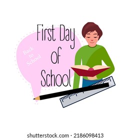 Primer día de escuela, ilustración creativa. De vuelta a la escuela, diseñen un estilo plano. eps10 vectoriales