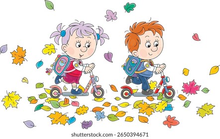 First day of school, funny little schoolchildren merrily riding their small scooters to school through colorful fallen autumn leaves, vector cartoon illustration isolated on a white background