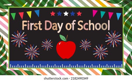 First Day Of School Greeting Card. Red Apple On Black School Board With Colorful Striped Frame And Green Leaves. Back To School Concept.