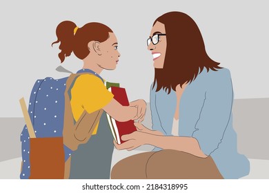 First day at school. Kid with parent on first day at school. Mother brings her daughter to school. Woman and girl with backpack and books. Beginning of lessons. Back to school. First day of fall 