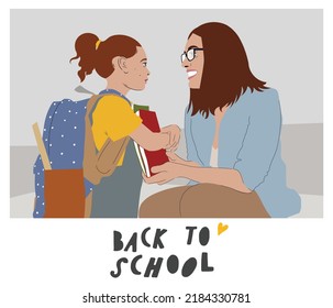 First day at school. Kid with parent on first day at school. Mother brings her daughter to school. Woman and girl with backpack and books. Beginning of lessons. Back to school. First day of fall 