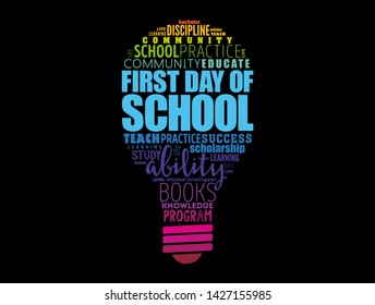 First day of school light bulb word cloud collage, education concept background