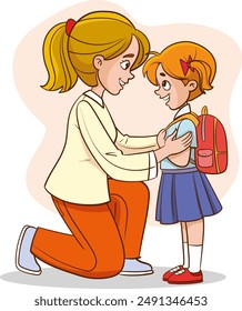 First day at school. Mother brings her daughter to school. The cute little girl is very excited about going back to school.