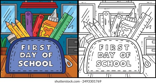 First Day of School on Pencil Case Illustration