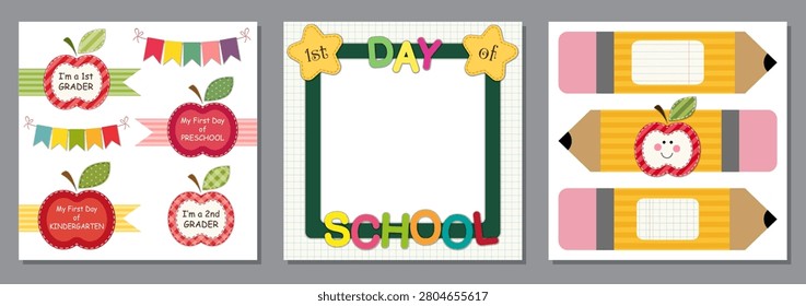First Day of School Photo Frame, Grade Badges and Pencil Bookmark Printable Set