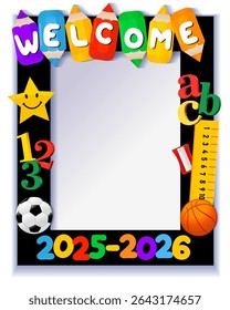 First day of school selfie photo frame, creative school booth design. Welcome to 2025-2026 school year, photo booth template. Vector illustration with school supplies