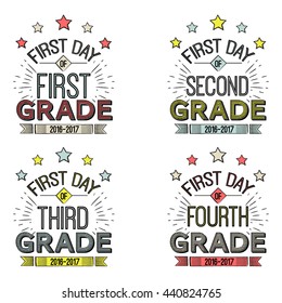 First Day Of School Signs.These Signs Can Be Framed, Taped To A Popsicle Stick, Or Just Held By The Child For The Photo. Vector Illustration