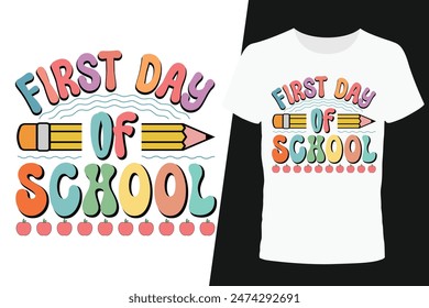 First Day of School Typography Design, Creative First Day of School Lettering, Fun First Day of School Lettering Art, Colorful Groovy First Day of School Lettering Designs