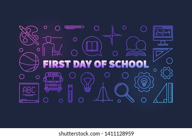 First Day of School vector colorful thin line horizontal illustration or banner on dark background
