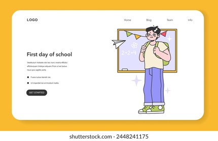Primer día de Anuncio de Web escolar o landing page. Chico con mochila de pie en frente de la pizarra. Hitos de la infancia y la vida. El niño envejece. Ilustración vectorial plana