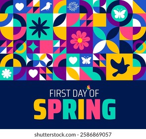 First Day of Spring flower geometric shape pattern background banner or poster design template. observed every year in  March. Holiday concept. Use to any Template, card, poster, placard, template.