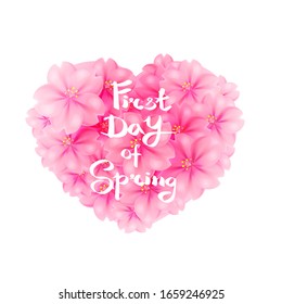 First day of spring. Heart shaped flowers. Pink cherry flowers. Realistic bouquet isolated on white background.