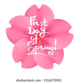 First Day Of Spring Lettering. Realistic Pink Sakura Flower On A White Background.