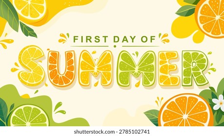 First Day of Summer banner template with citrus fruit typography, lemon, orange and lime lettering design in flat minimalist style. Fresh tropical seasonal background for social media and promotion.