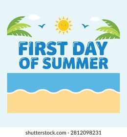 First Day of Summer Beach Scene with Palm Trees and Sunny Weather birds vector illustration isolated on white background.