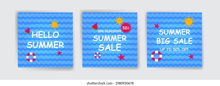 First day of summer. Hello summer. Summer sale. Banners vector for social media ads, web ads, business messages, discount flyers and big sale banner.