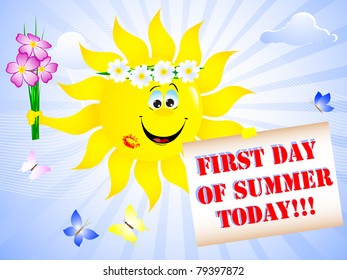 First Day of Summer. Sun with lip print and placard. Vector.