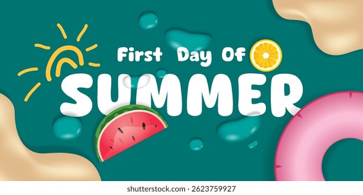 First Day of Summer. Water, lemon, sand, life buoy, watermelon and sun. Great for posters, banners, social media and more. Green background.