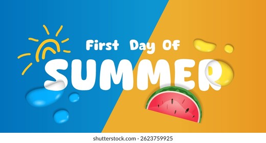 First Day of Summer. Water, watermelon and sun. Great for posters, banners, social media and more. Blue and orange background.