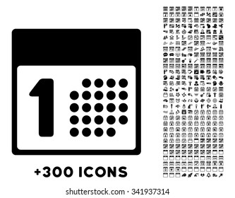 First Day vector pictogram with additional 300 date and time management icons. Style is flat symbols, black color, rounded angles, white background.