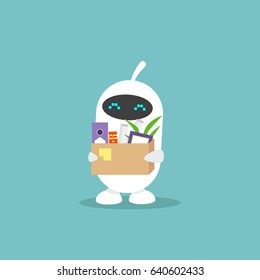 First Day At Work. Automation. Robots Instead Of Human. Cute White Robot Holding A Box Full Of Office Stationery Goods / Flat Editable Vector Illustration, Clip Art