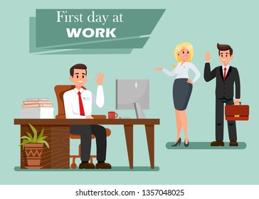 First Day At Work Vector Illustration With Text. New Employer At Workplace. Colleagues Waving Hi. Office Workers Characters. Internship. Computer And Coffee Cup On Table. Piles Of Papers On Desk