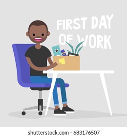 First Day Of Work. Young Black Character Holding A Box With A Stationery / Flat Editable Vector Illustration, Clip Art