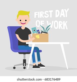 First Day Of Work. Young Character Holding A Box With A Stationery / Flat Editable Vector Illustration, Clip Art