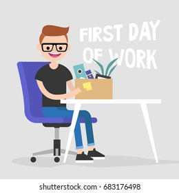 First Day Of Work. Young Character Holding A Box With A Stationery / Flat Editable Vector Illustration, Clip Art